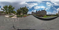 Az Országház keleti homlokzata és a Kossuth Lajos tér északi része a Kossuth-szoborcsoporttal, 360 fokos panoráma felvételen, 2020